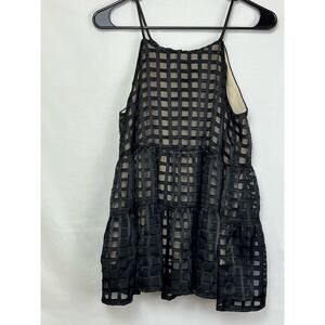 HD In Paris Women's Size Small Black/Tan Spaghetti Strap Windowpane Sheer Top